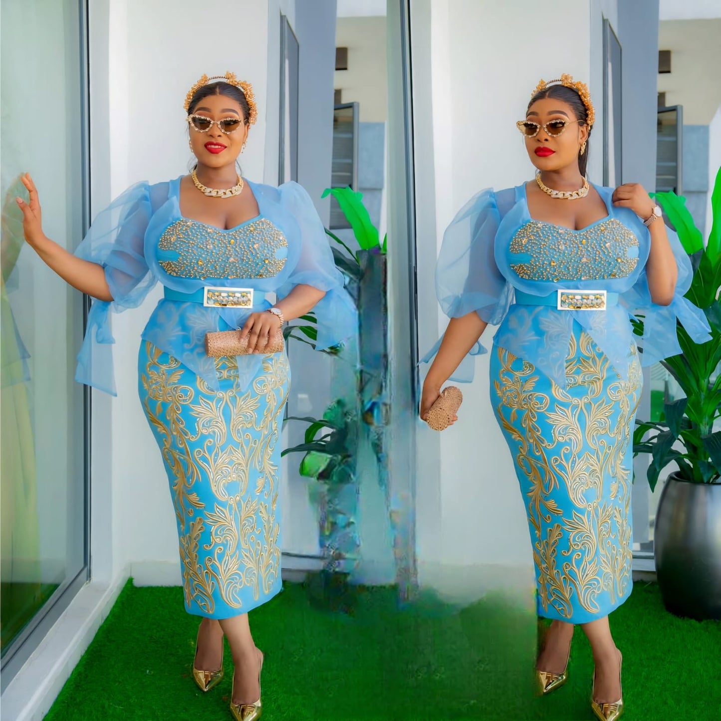 Women's Pencil Skirt Dress with Ruffled Sleeves