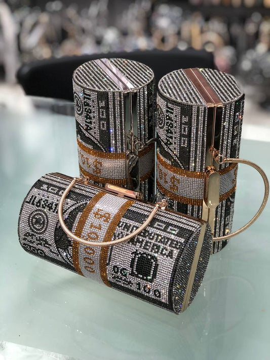 Round Rhinestone Money Handle Clutch